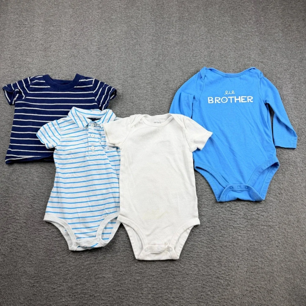 Carters Cat & Jack Baby Boys 4pc‎ Lot Bodysuits Tee 9-12M Blue White Striped